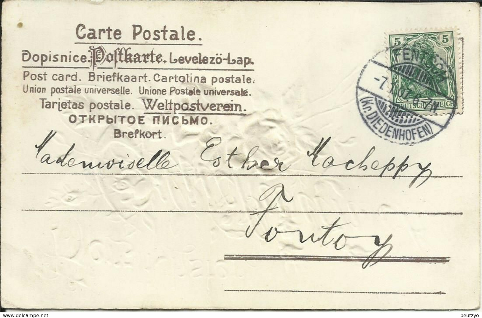 Timbre Fentsch Fontoy Diedenhoffen 1907 CPA Relief Gauffrée Bouquet Roses 25/29 - Brieven En Documenten