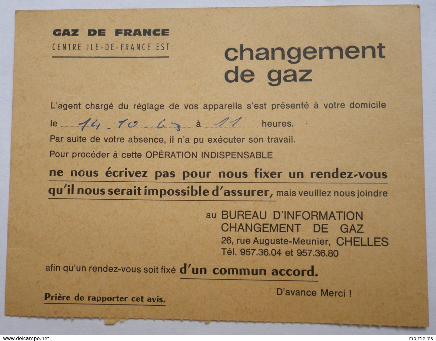 Carte Changement De Gaz Agence De Chelles - Gaz De France 14 Octobre 1963 - - Elettricità & Gas