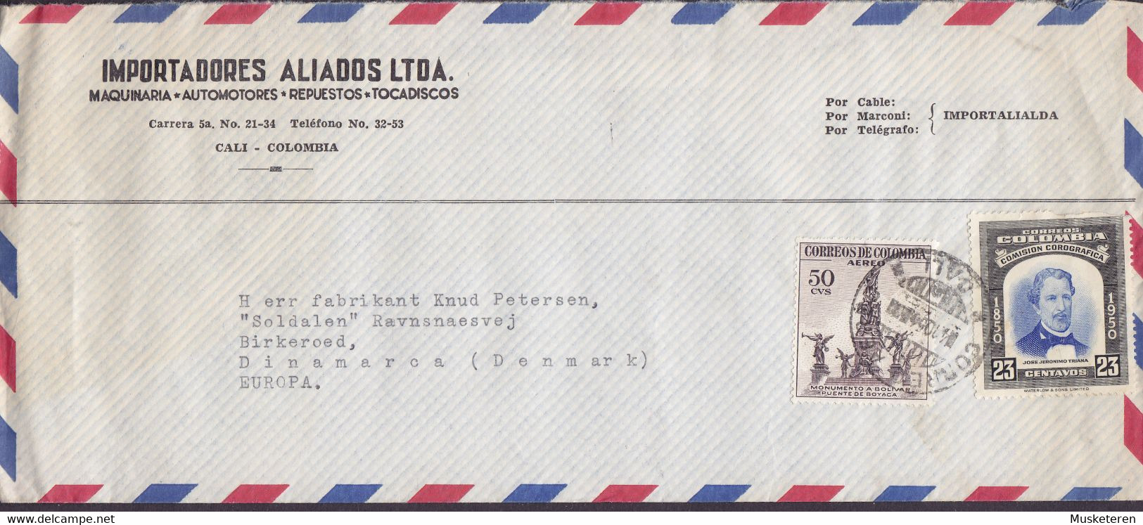 Colombia Airmail Areo IMPORTADORES ALIADOS Ltda. 1956 Cover Letra To Denmark Comision Corografica José Triana - Colombie