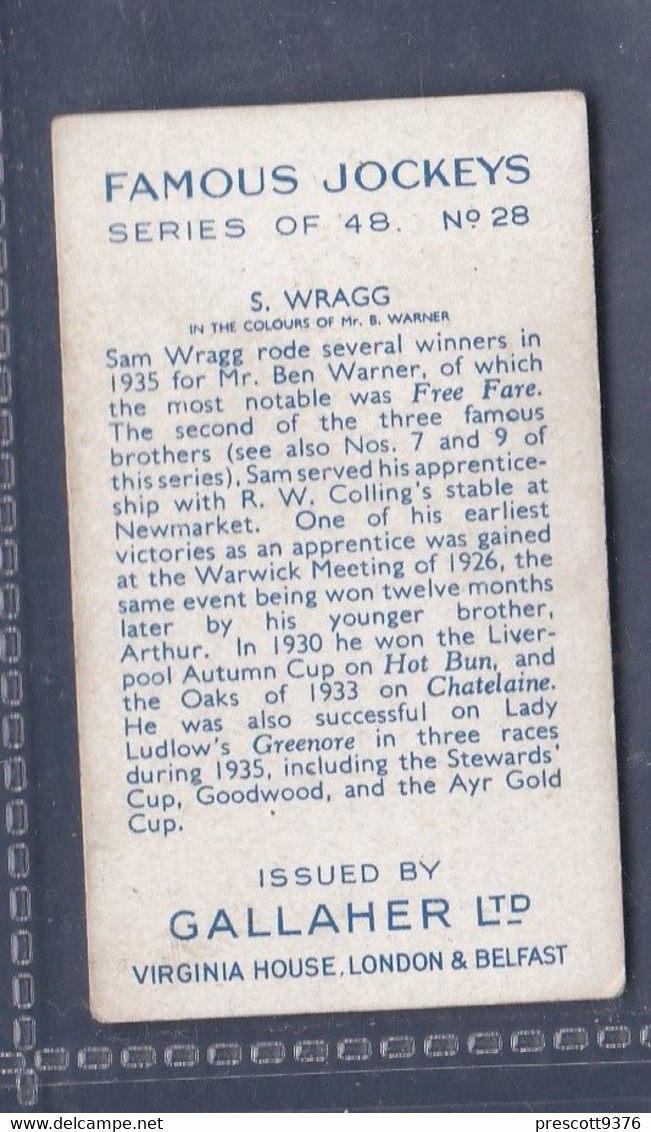 Famous Jockeys 1936 - 28 Sam Wragg   - Gallaher Cigarette Card - Original- Sport, Horse Racing - Gallaher