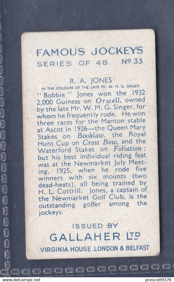 Famous Jockeys 1936 - 33 Robbie Jones   - Gallaher Cigarette Card - Original- Sport, Horse Racing - Gallaher