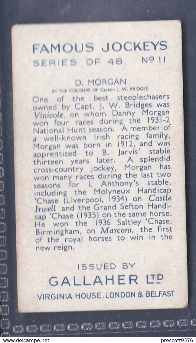 Famous Jockeys 1936 - 11 Danny Morgan   - Gallaher Cigarette Card - Original- Sport, Horse Racing - Gallaher