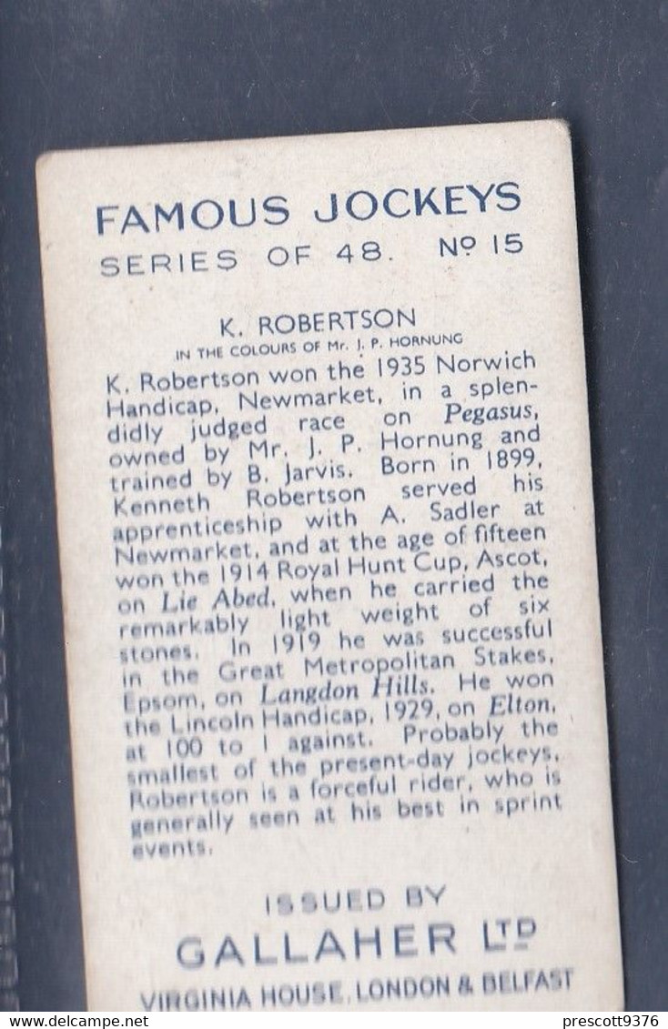 Famous Jockeys 1936 - 15 K. Robertson  - Gallaher Cigarette Card - Original- Sport, Horse Racing - Gallaher