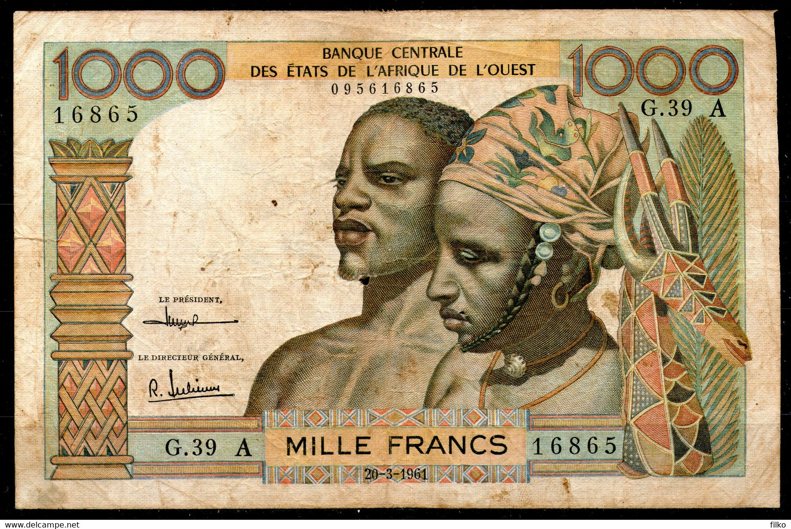 West African States,Ivory Coast,1000 Francs 1961,P-103Ac,serie G,as Scan - Westafrikanischer Staaten