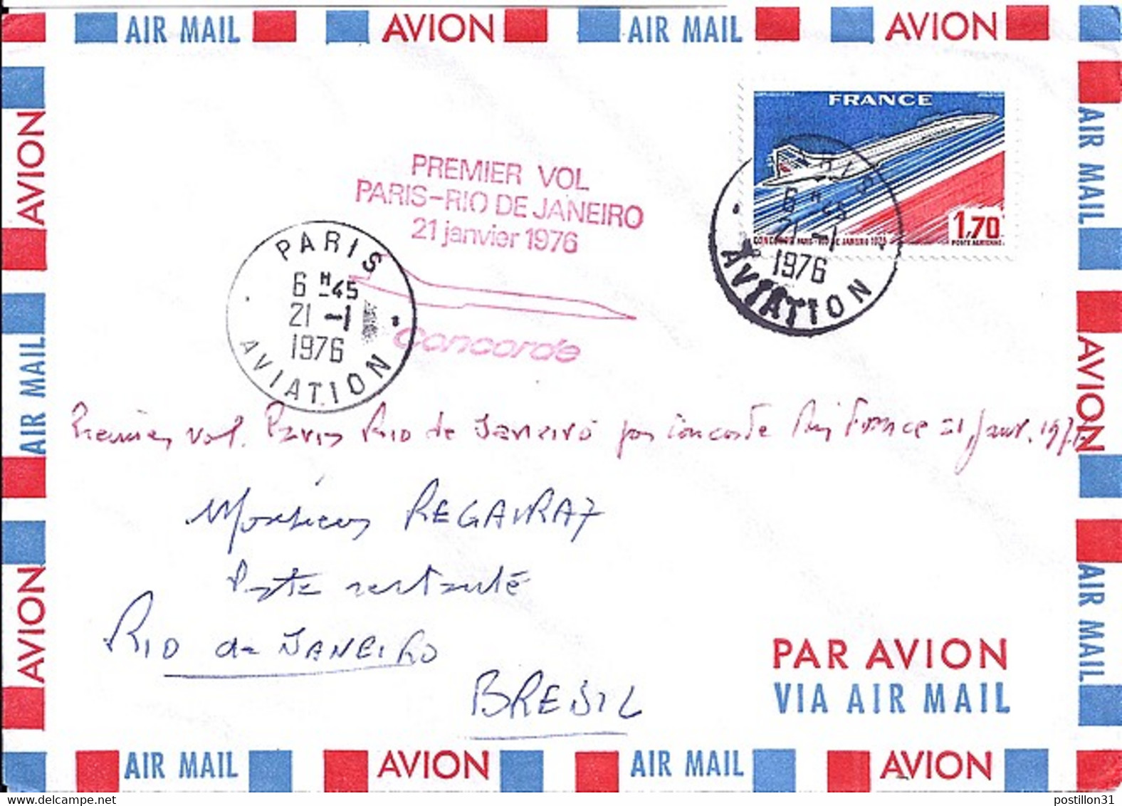 PA 49 SUR LETTRE "PREMIER VOL/ PARIS RIO DE JANEIRO/21.1.76/CONCORDE" DE PARIS AVIATION POUR LE BRESIL - 1960-.... Briefe & Dokumente