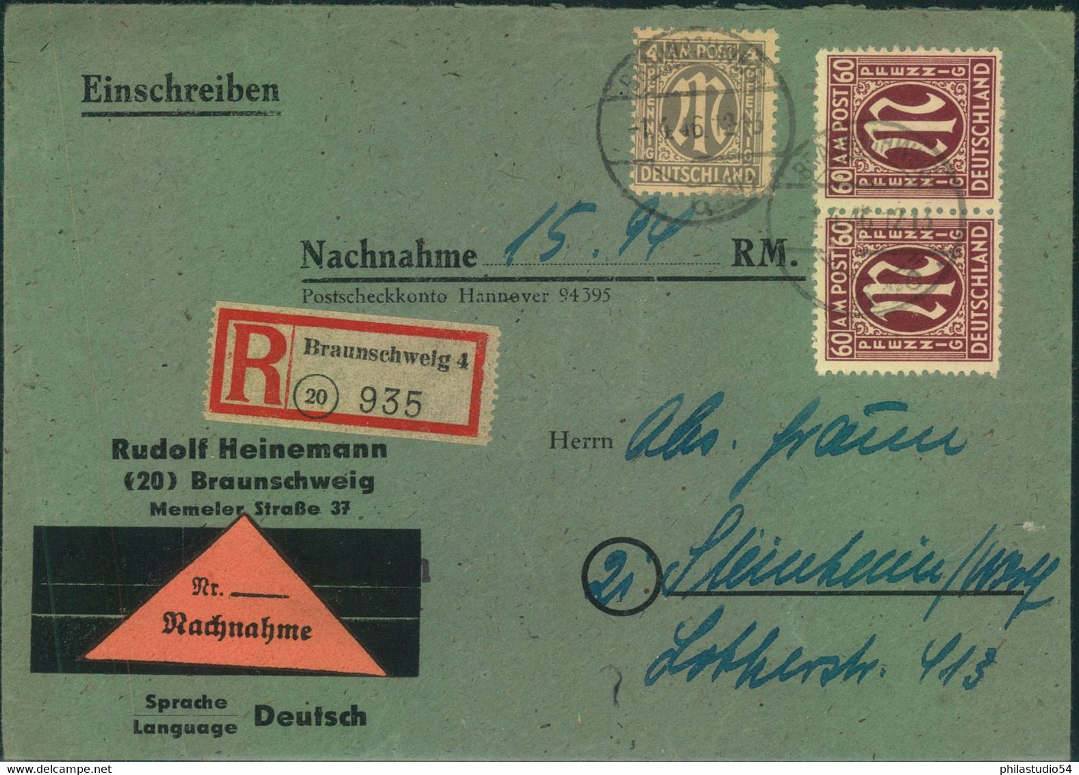 1946, AM-POST R-Nachnahme Aus BRAUNSCHWEIG Nach Steinheim. Seltene 124 Pfg.-Frankatur. - Autres & Non Classés