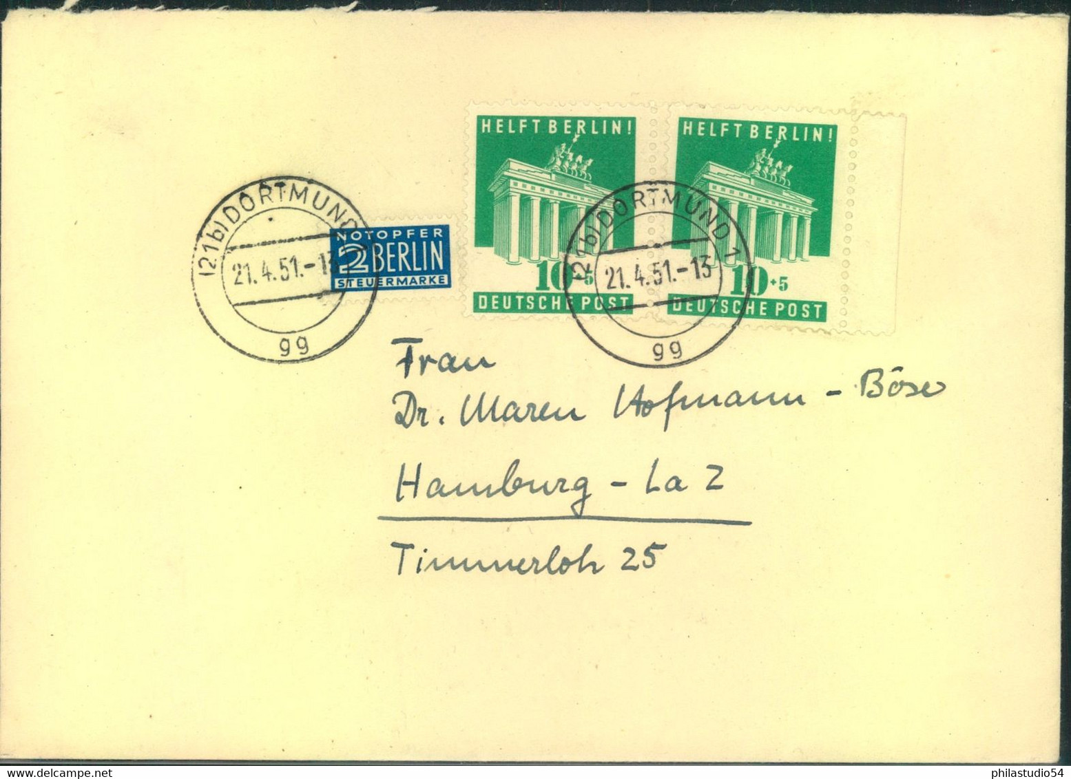 1951, Mehrfachfrankatur 10 Pfg. "Helft Berlin", Fernbrief Ab DORTMUND - Otros & Sin Clasificación