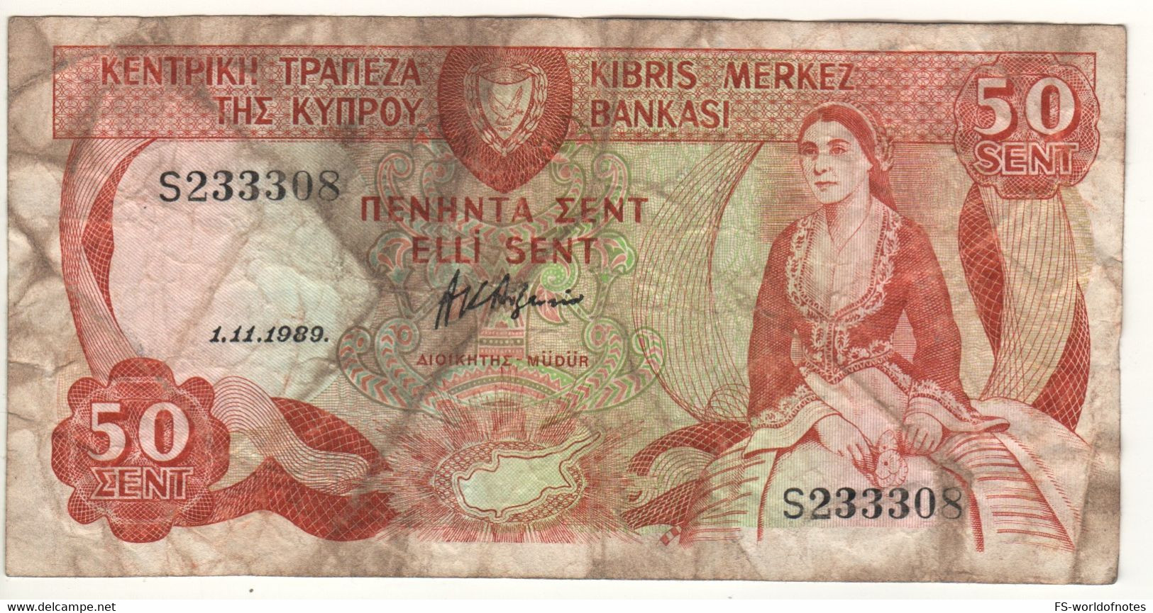 CYPRUS   50 Cents      P52      1.11.1989   ( Woman In Local Costum + Yermasoyia Dam At Back ) - Cipro