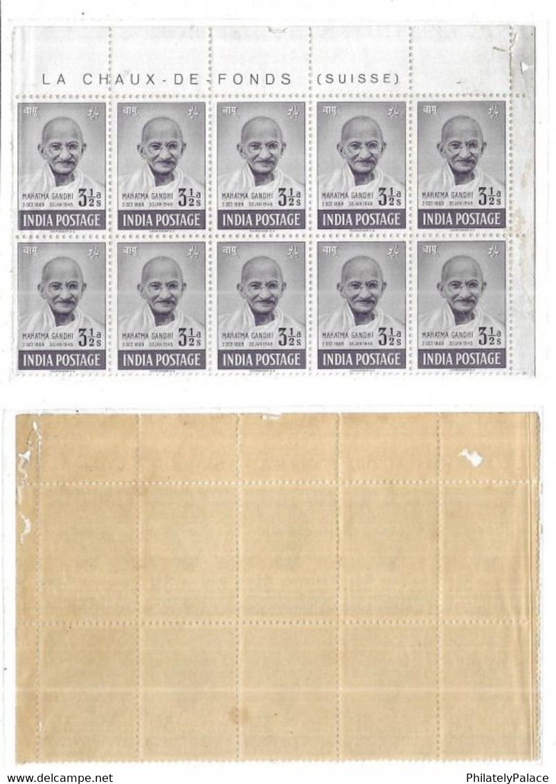 INDIA 1948 Mahatma GANDHI THREE & HALF ANNA Marginal Inscription Mint Block Of 10 Paper Stuck MNH (**) Inde Indien - Neufs