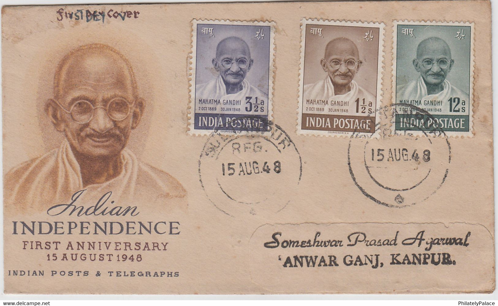 India 1948 - Mahatma Gandhi - 3v Registered FDC - Tied - SULTANPUR - With - Delivery - Postmark (**) Inde Indien - Ongebruikt