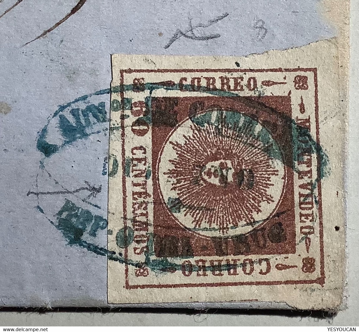 Uruguay 1861 “DURAZNO” RRR ! On Cover Franked 60c Sun Issue Scott 13c, Cert Carlos Hernandez Rocha - Uruguay