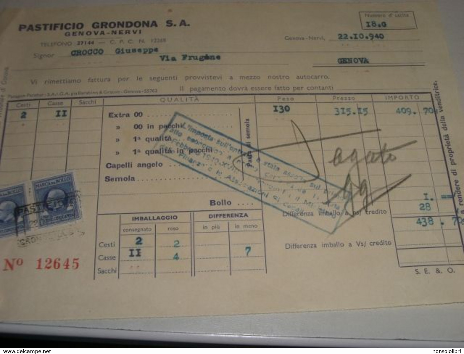 FATTURA PASTIFICIO GRONDONA GENOVA - Italia