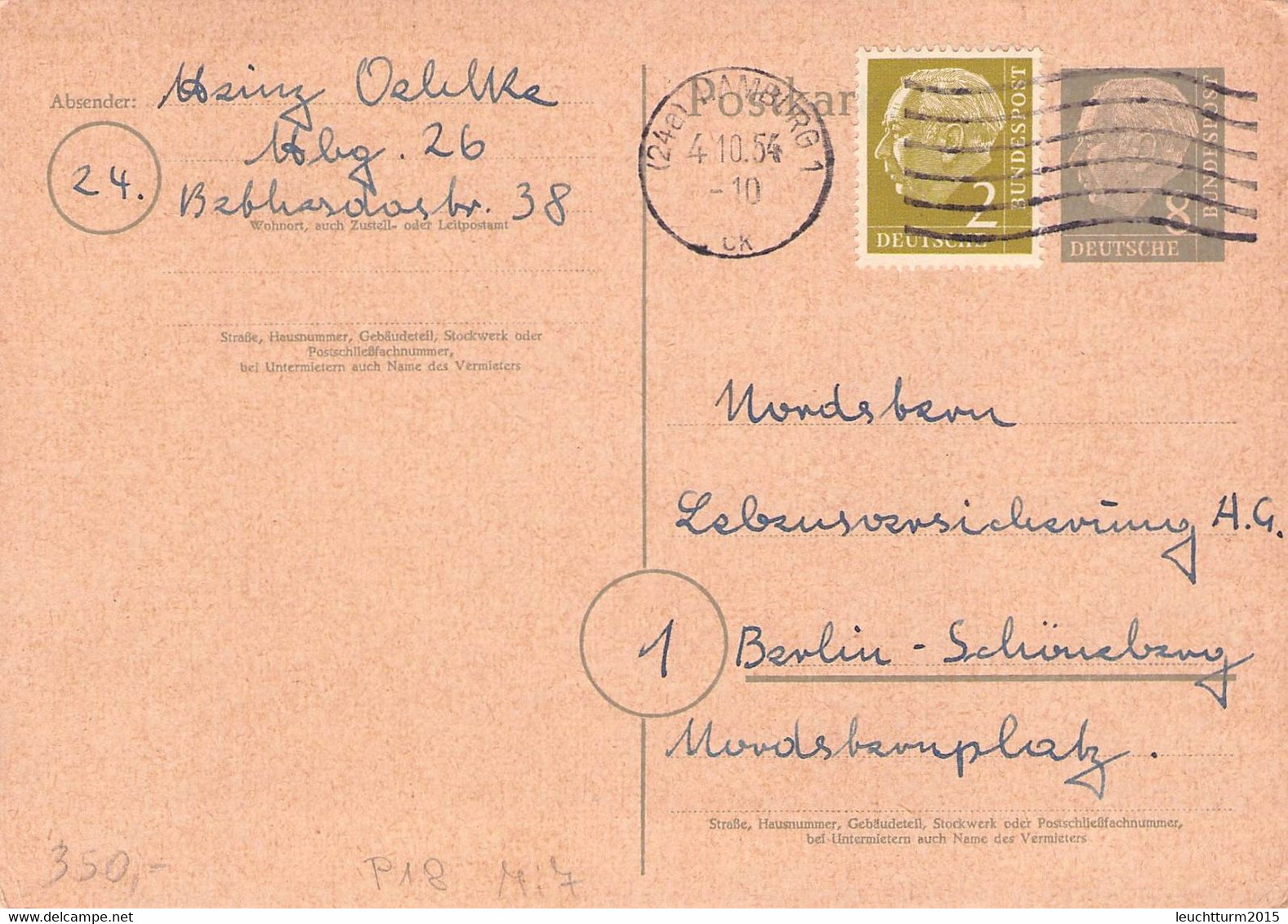 BR DEUTSCHLAND - POSTKARTE 8 PF 1954 Mi #P18 / QG223 - Cartoline - Usati