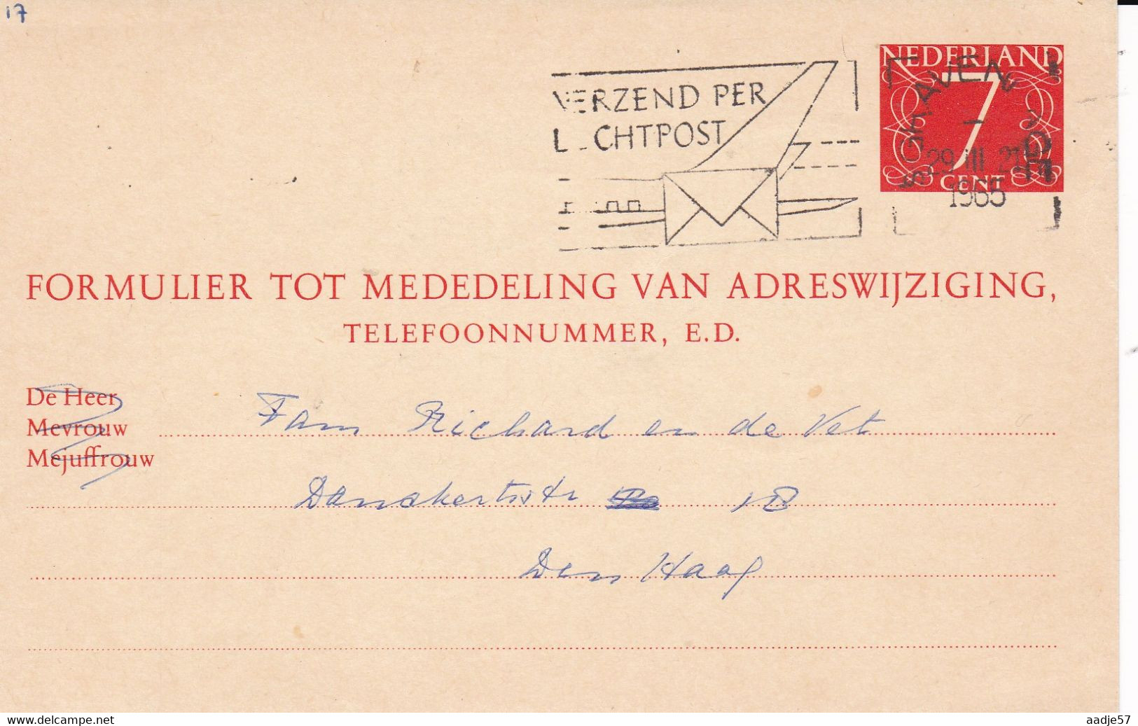 Nederland Adreswijziging 7 Ct  Gebruikt - Postal Stationery