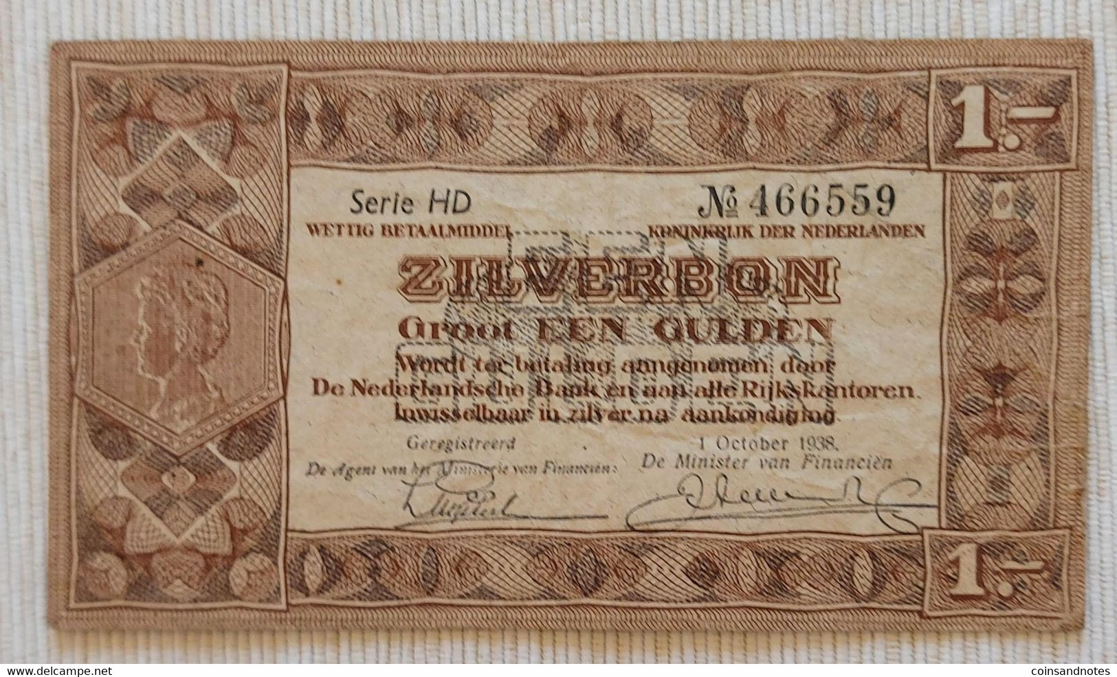 Netherlands 1938 - ‘Zilverbon - 1 Gulden’ - Serie HD - No 466559 - P# 61 - VVF - 1 Florín Holandés (gulden)