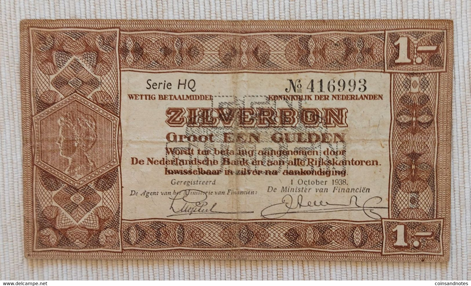 Netherlands 1938 - ‘Zilverbon - 1 Gulden’ - Serie HQ - No 416993 - P# 61 - VVF - 1 Gulde