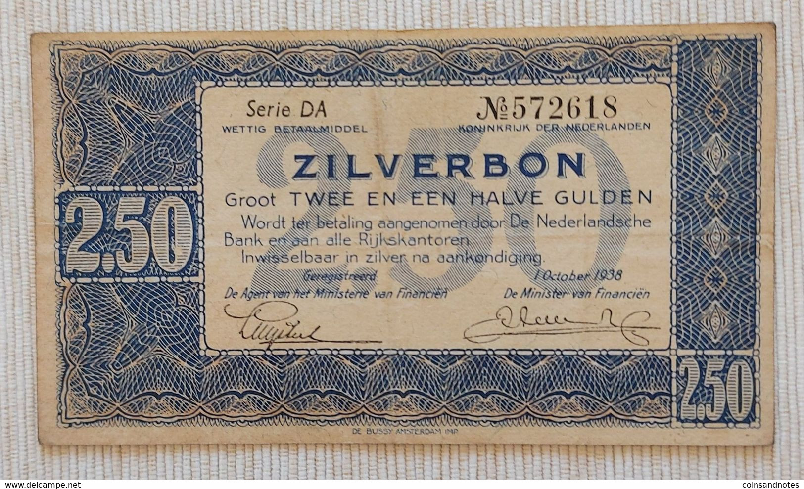 Netherlands 1938 - ‘Zilverbon - 2 ½ Gulden’ - Serie DA - No 572618 - P# 62 - VVF - 2 1/2 Florín Holandés (gulden)