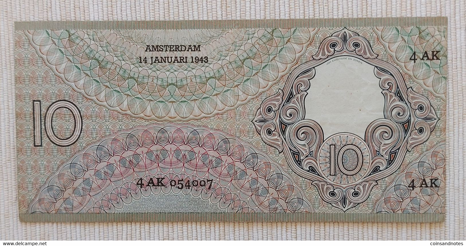 Netherlands 1943 - 10 Gulden ‘Staalmeester’ - No 4 AK 054007 - P# 59 - Near UNC - 10 Gulden