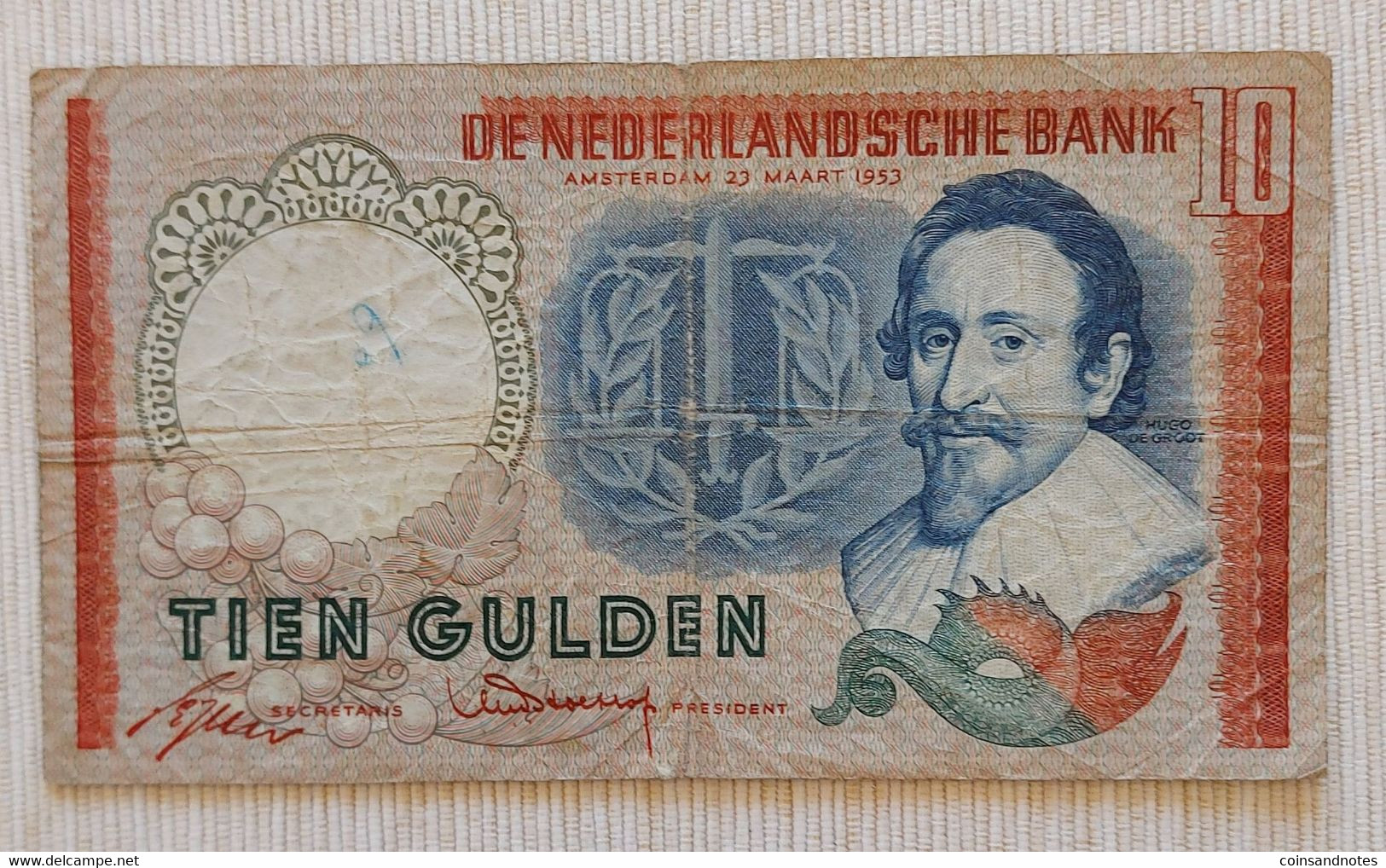Netherlands 1953 - 10 Gulden ‘H.De Groot’ - No BEQ047336 - P# 85 - VF - 10 Gulden