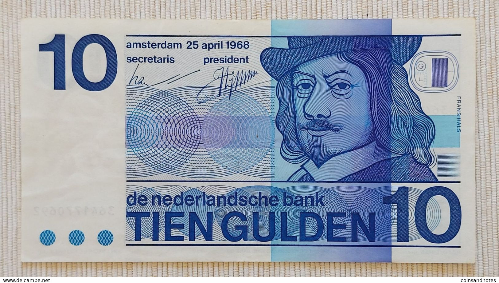 Netherlands 1968 - 10 Gulden ‘Frans Hals’ - No 3641770692 - P# 91b - UNC - 10 Florín Holandés (gulden)