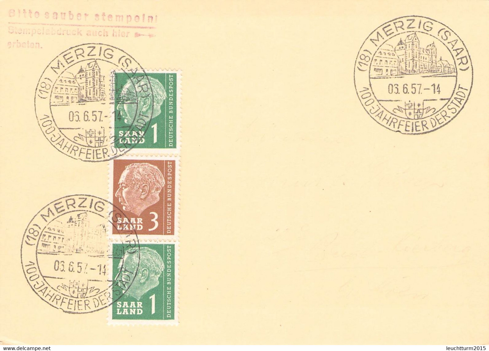 SAARLAND - SONDERSTEMPEL 3.6.1957 100 JAHRE MERZIG Mi #380, 382 / YZ212 - Storia Postale