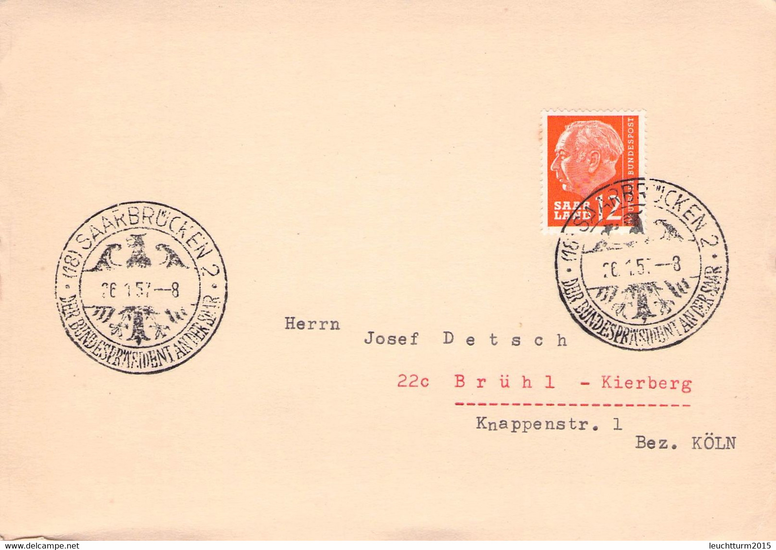 SAARLAND - BRIEF 1957 MIT SSt "DER BUNDESPRÄSIDENT AN DER SAAR" Mi #414 / YZ219 - Briefe U. Dokumente