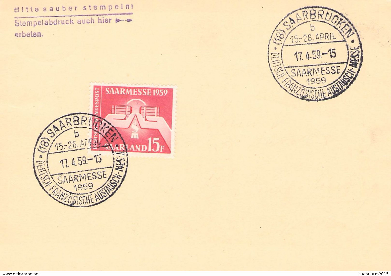 SAARLAND - SONDERBELEG SAARMESSE 17.4.1959 Mi #447 / YZ220 - Briefe U. Dokumente