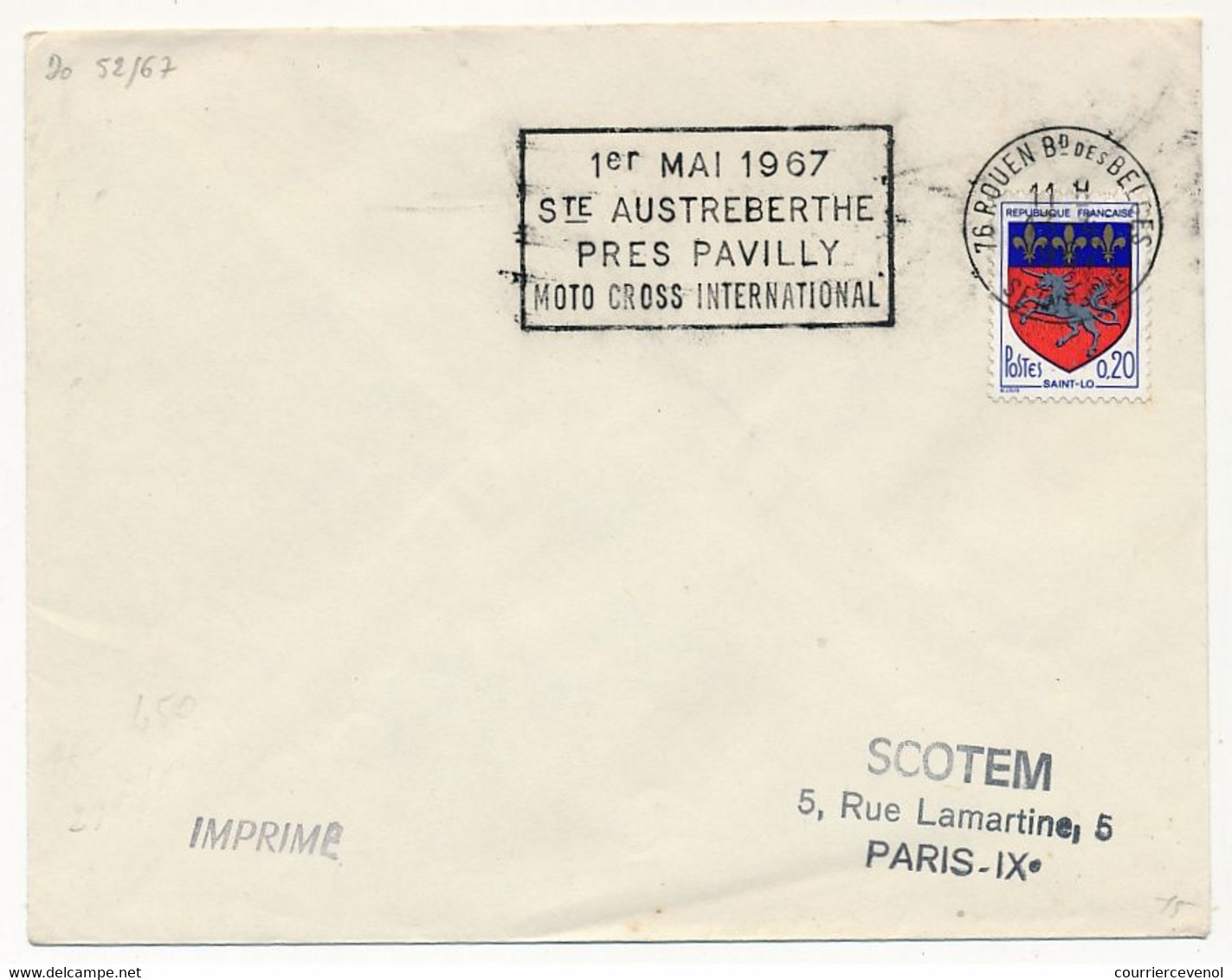 FRANCE - Env Affr. 0,20 St Lô - OMEC "1er Mai 1967 Ste Austreberthe Près Pavilly Moto Cross International" Rouen 1967 - Motos