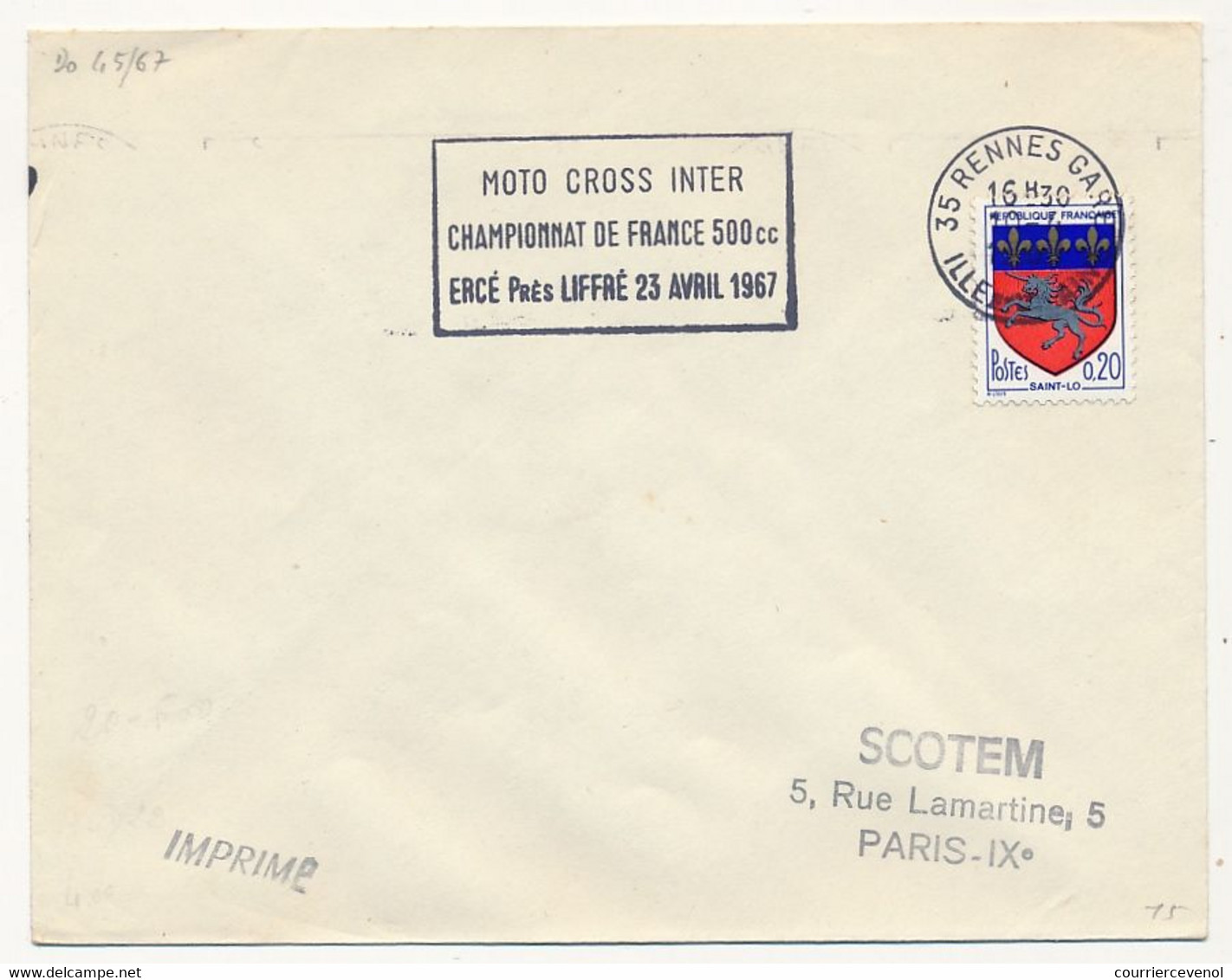 FRANCE - Env Affr. 0,20 St Lô - OMEC "Moto Cross Inter Championnat De France 500cc ERCÉ Pré Liffré 23 Avril 1967" RENNES - Motos