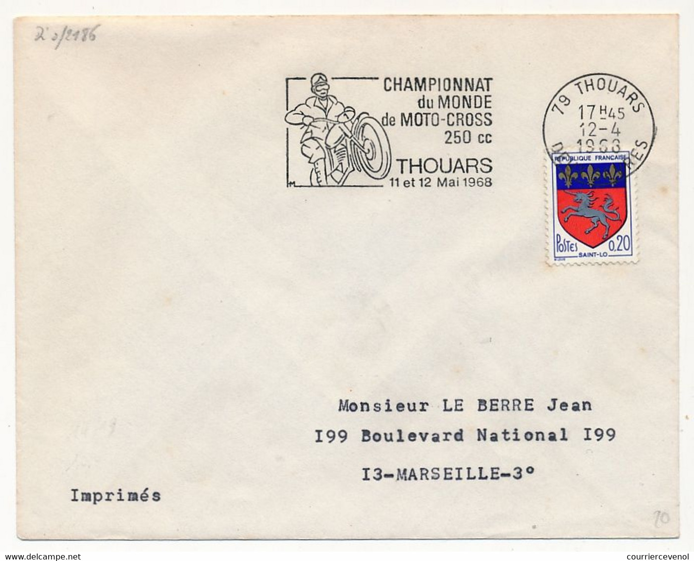 FRANCE - Env Affr. 0,20 St Lô - OMEC "Championnat Du Monde De Moto-Cross 250cc THOUARS 11 Et 12 Mai 1968" - Motorräder