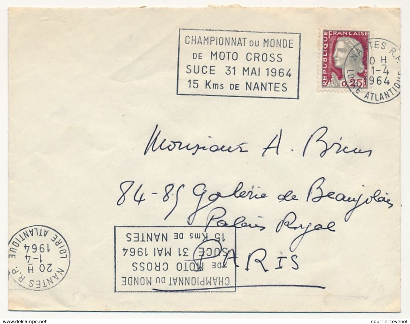 FRANCE - Env Affr. 0,25 Marianne Decaris - OMEC "Championnats Du Monde De Moto-Cross SUCE 31 Mai 1964..." NANTES RP - Moto