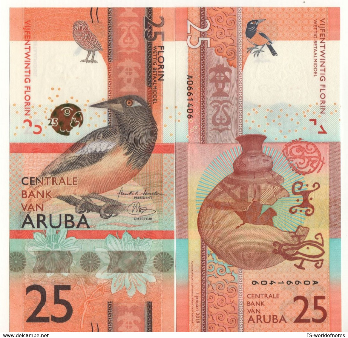 Aruba New 25  FLorin  Dated 01.01.2019   ( Troupial Bird   +  Jag ) - Aruba (1986-...)