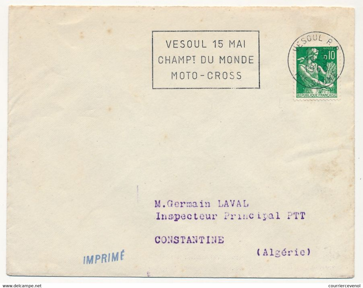 FRANCE - Env Affr. 0,10 Moissonneuse - OMEC "VESOUL 15 Mai Champt Du Monde Moto-Cross" VESOUL 1960 - Moto