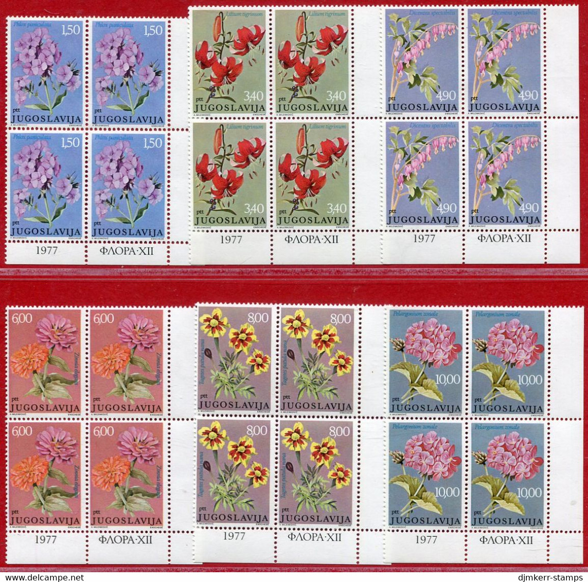 YUGOSLAVIA 1977 Garden Flowers Blocks Of 4 MNH / **.  Michel 1676-81 - Unused Stamps