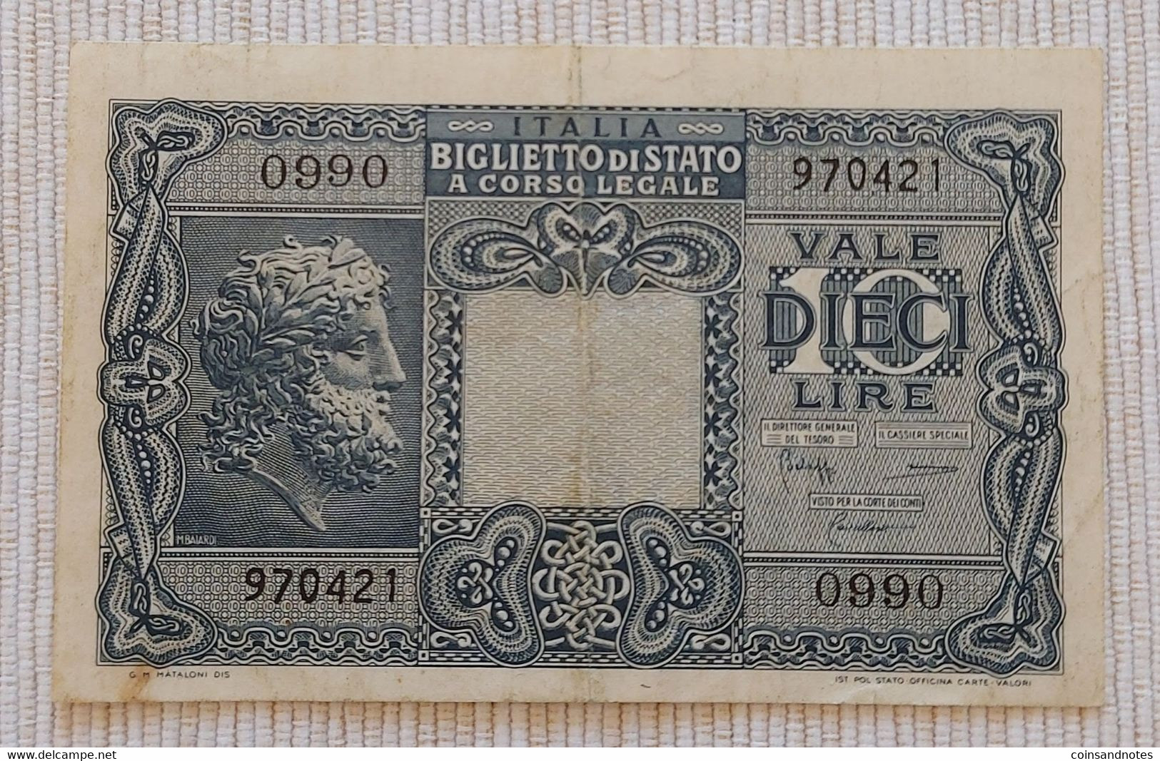 Italy 1944 (1952) - 10 Lire ‘Vittorio Emanuele III’ - No 0990 97041 - P# 32c - VVF - Italia – 10 Lire