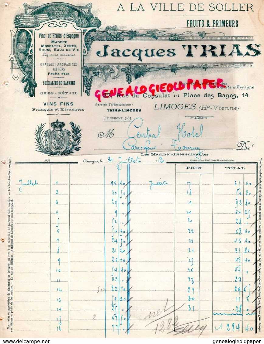87-  LIMOGES- RARE FACTURE JACQUES TRIAS- A LA VILLE DE SOLLER- ESPAGNE- ORANGES CITRONS-27 RUE CONSULAT-1920 - Alimentaire