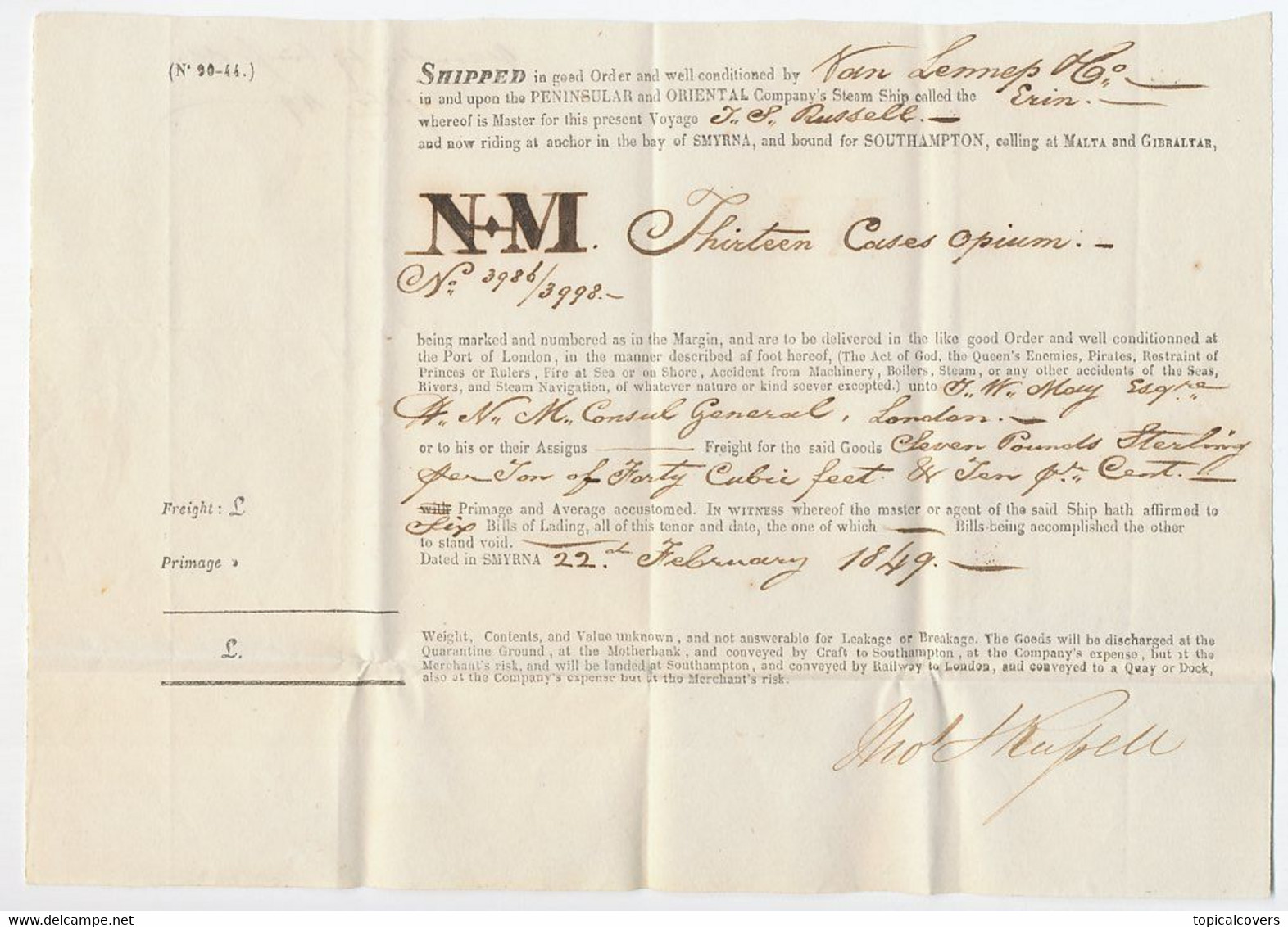 Bill Of Loading 1849 For Opium - Smyrna - Malta - Gibraltar - Southampton - Including  Ledger / Account - 1837-1914 Esmirna