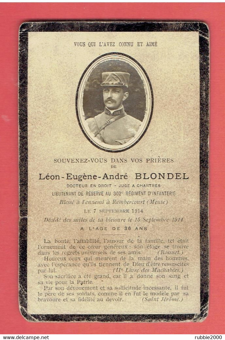 LEON BLONDEL JUGE A CHARTRES 302° REGIMENT D INFANTERIE BLESSE A REMBERCOURT MEUSE DECEDE EN 1914 PHOTOGRAPHIE DECES - 1914-18