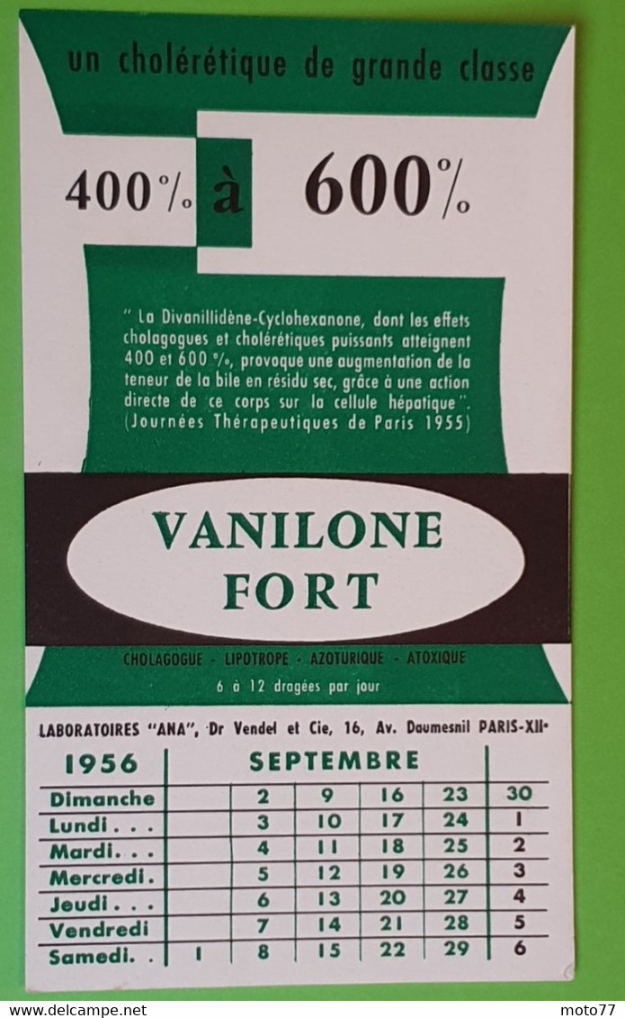 Buvard 746 CALENDRIER - Laboratoire Ana - VANILONE -Etat D'usage:voir Photos- 12x20.5 Cm Environ - SEPTEMBRE 1956 - Produits Pharmaceutiques