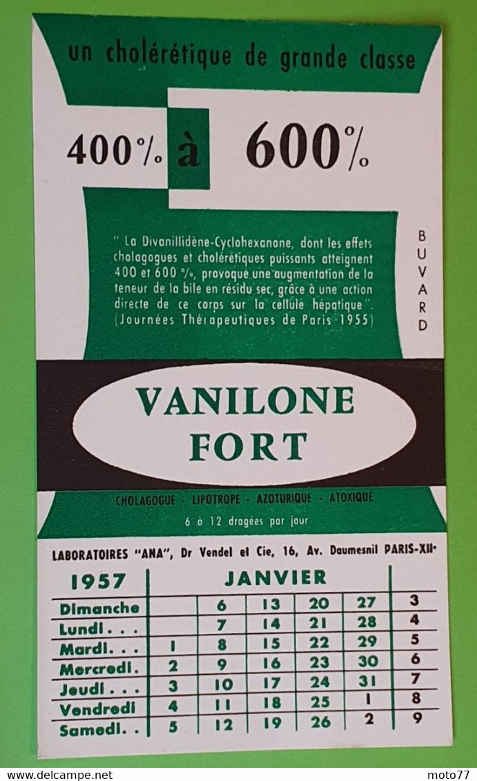 Buvard 748 CALENDRIER - Laboratoire Ana - VANILONE -Etat D'usage:voir Photos- 12x20.5 Cm Environ - JANVIER 1957 - Produits Pharmaceutiques