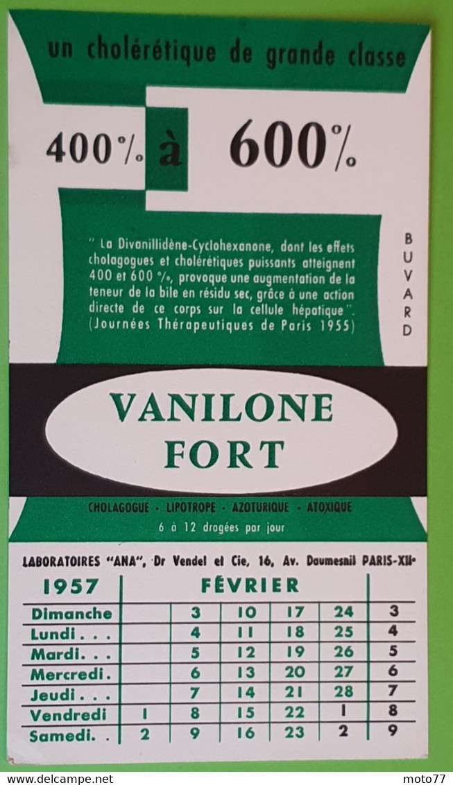 Buvard 749 CALENDRIER - Laboratoire Ana - VANILONE -Etat D'usage:voir Photos- 12x20.5 Cm Environ - FEVRIER 1957 - Produits Pharmaceutiques