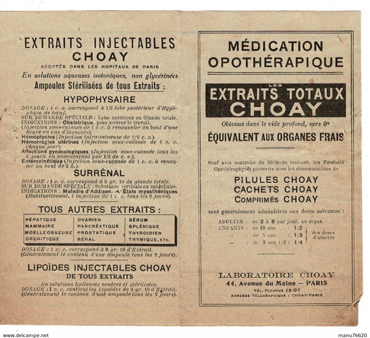 Dépliant Médical : Médication Opothérapie , Extraits Totaux CHOAY, Laboratoire Choay ,  44 Avenue Du Maine PARIS. - 1900 – 1949