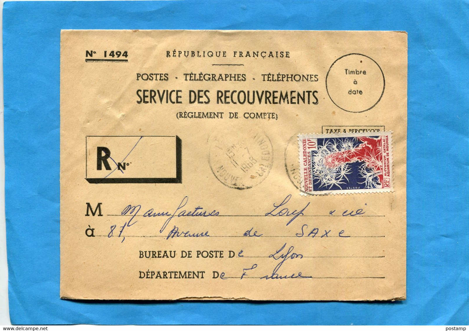 MARCOPHILIE-lettre Nouvelle Calédonie ->Françe--service Recouvrements  -cad  1968 Stamp N°323 Alcyonium - Storia Postale