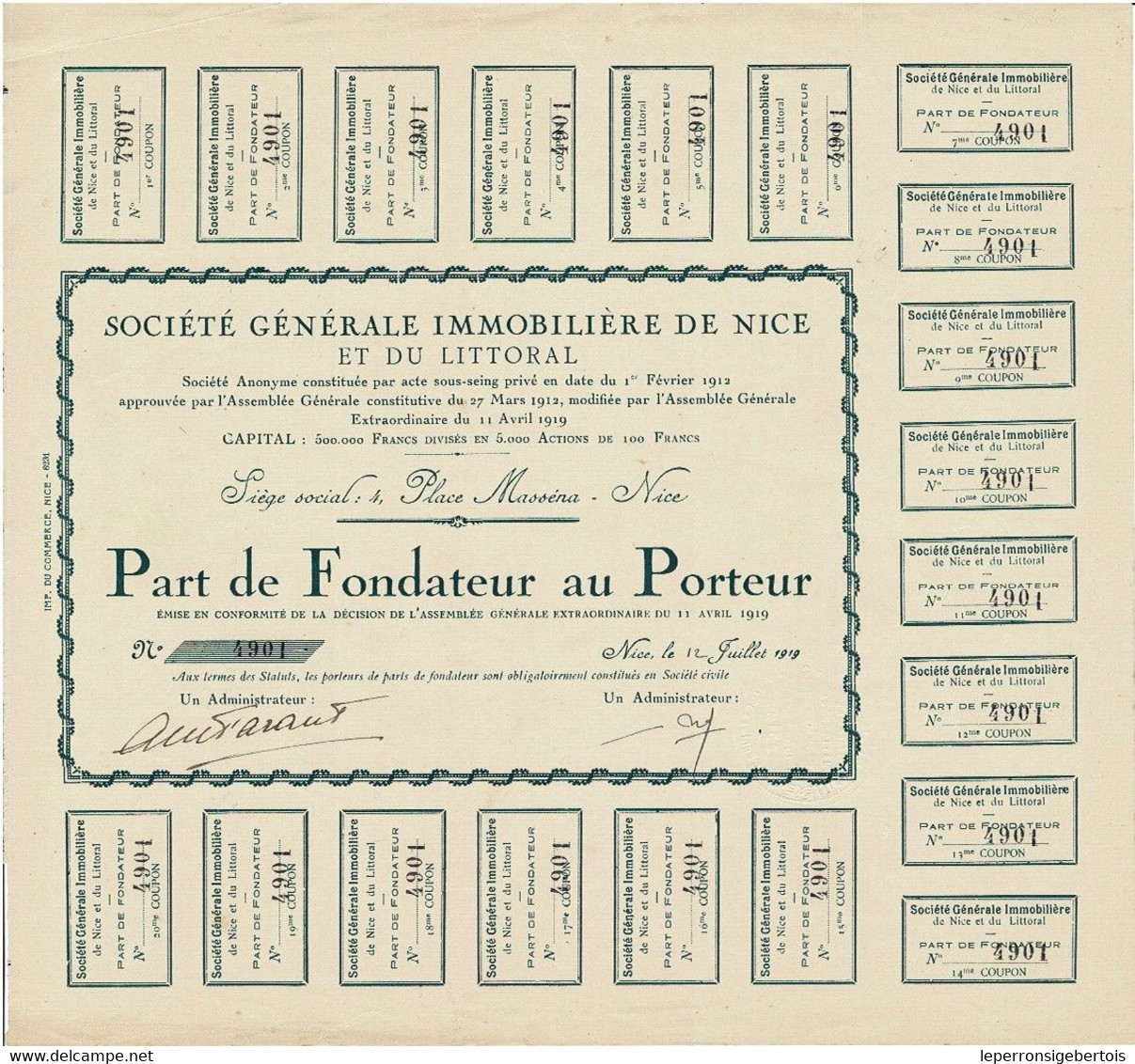 Titre Ancien - Société Générale Immobilière De Nice Et Du Littoral - Titre De 1919 - - Tourism