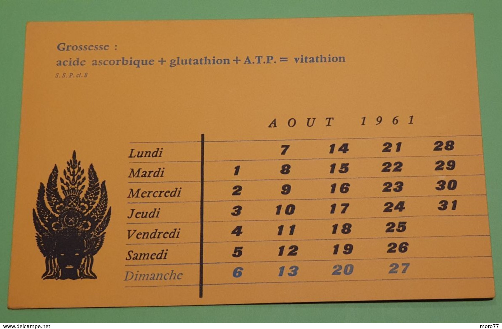 Buvard 768 CALENDRIER - Laboratoire Servier - VITATHION -Etat D'usage:voir Photos-21x13.5cm Fermé Environ- AOUT 1961 - Produits Pharmaceutiques