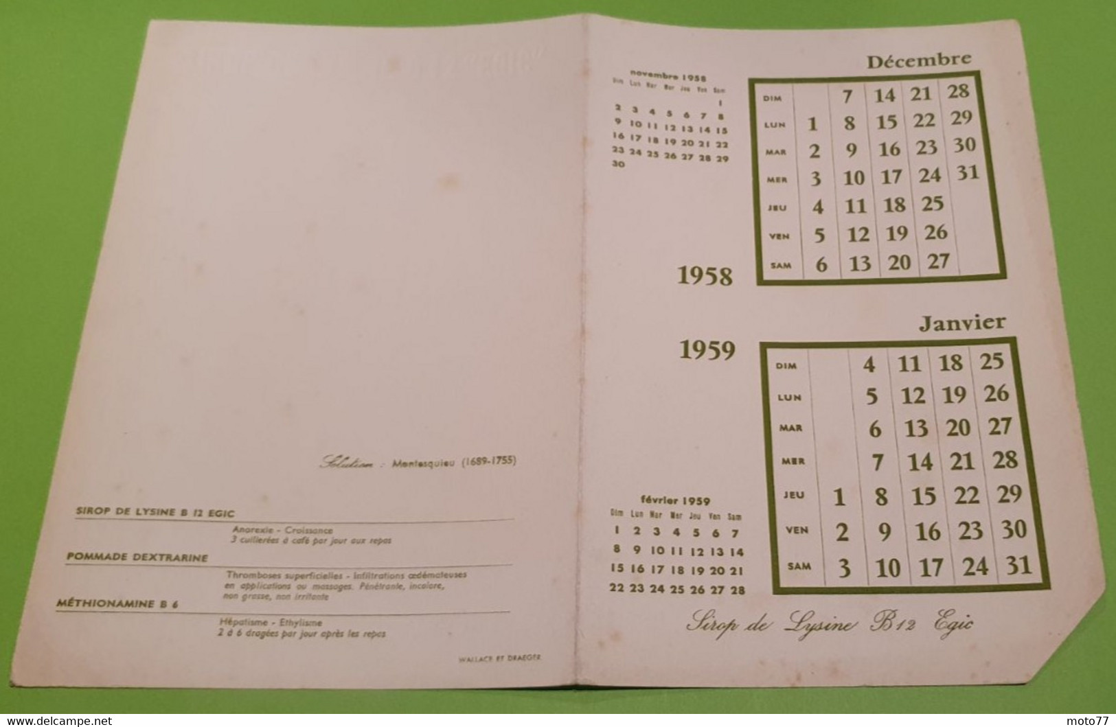 Buvard 771 CALENDRIER - Laboratoire - Devinette -Etat D'usage:voir Photos-15.5x23cm Fermé Environ- 11-1958 à 02-1959 - Produits Pharmaceutiques