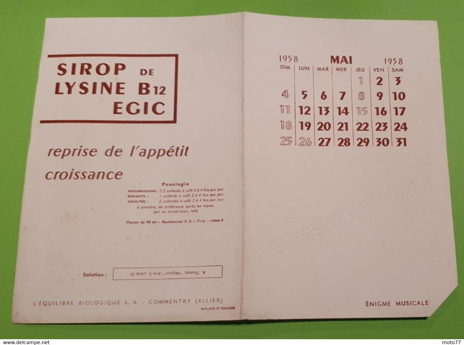 Buvard 777 CALENDRIER - Laboratoire - Enigme Musicale -Etat D'usage:voir Photos-15.5x23cm Fermé Environ- MAI 1958 - Produits Pharmaceutiques