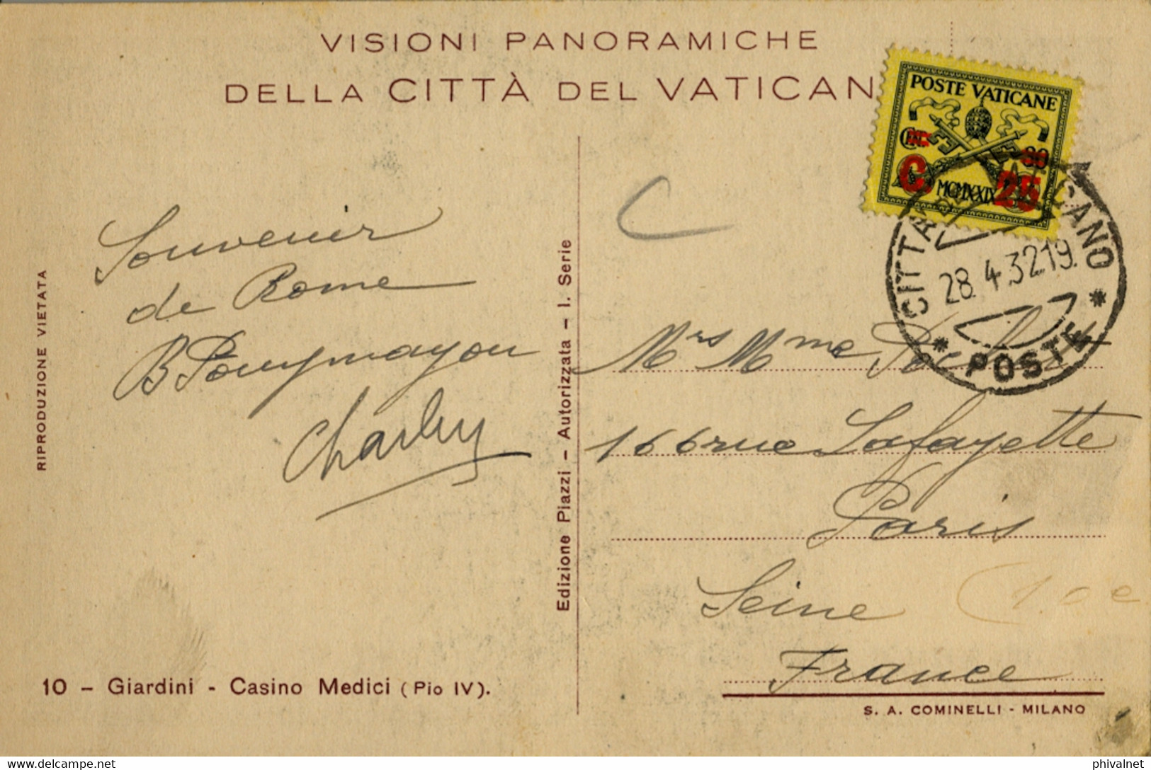 1932 , VATICANO / VATICANE - T.P. CIRCULADA A PARIS , GIARDINI - CASINO MEDICI - Cartas & Documentos