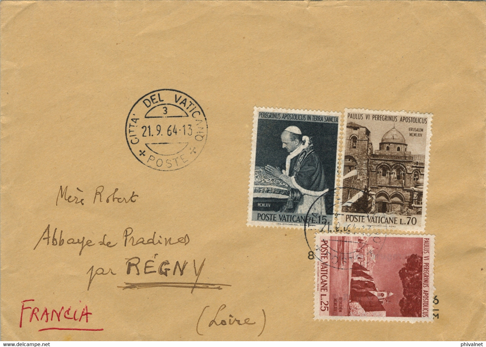 1964  , VATICANO / VATICANE - SOBRE CIRCULADO A REGNY - Storia Postale