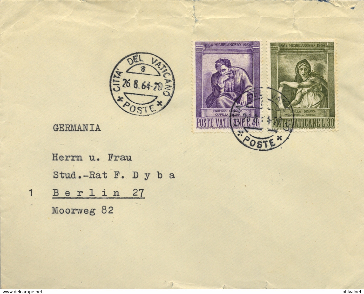 1964 VATICANO / VATICANE - SOBRE CIRCULADO A BERLIN , MICHELANGELO , ARTE - Storia Postale